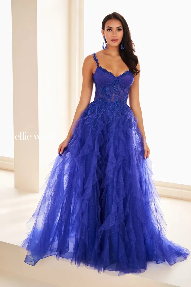 EW37031 Ball Gown Dress w/ Glitter Tulle & Lace #4 Royal Blue frontface vertical picture