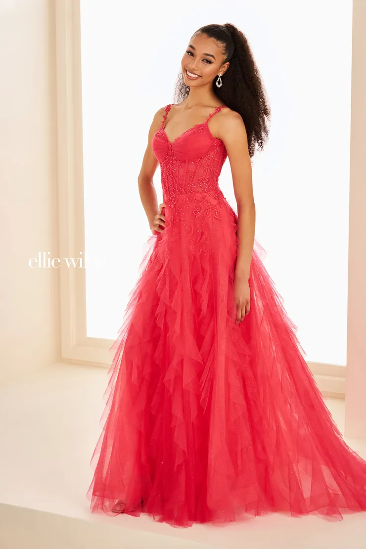 EW37031 Ball Gown Dress w/ Glitter Tulle & Lace #3 Strawberry frontface vertical picture