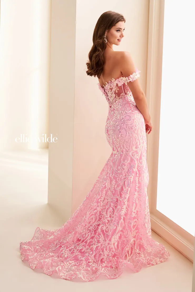 EW37032 Sparkling Mermaid Dress w/ Off-Shoulder Straps & Lace-Up Corset #2 default Candy Pink backface vertical picture