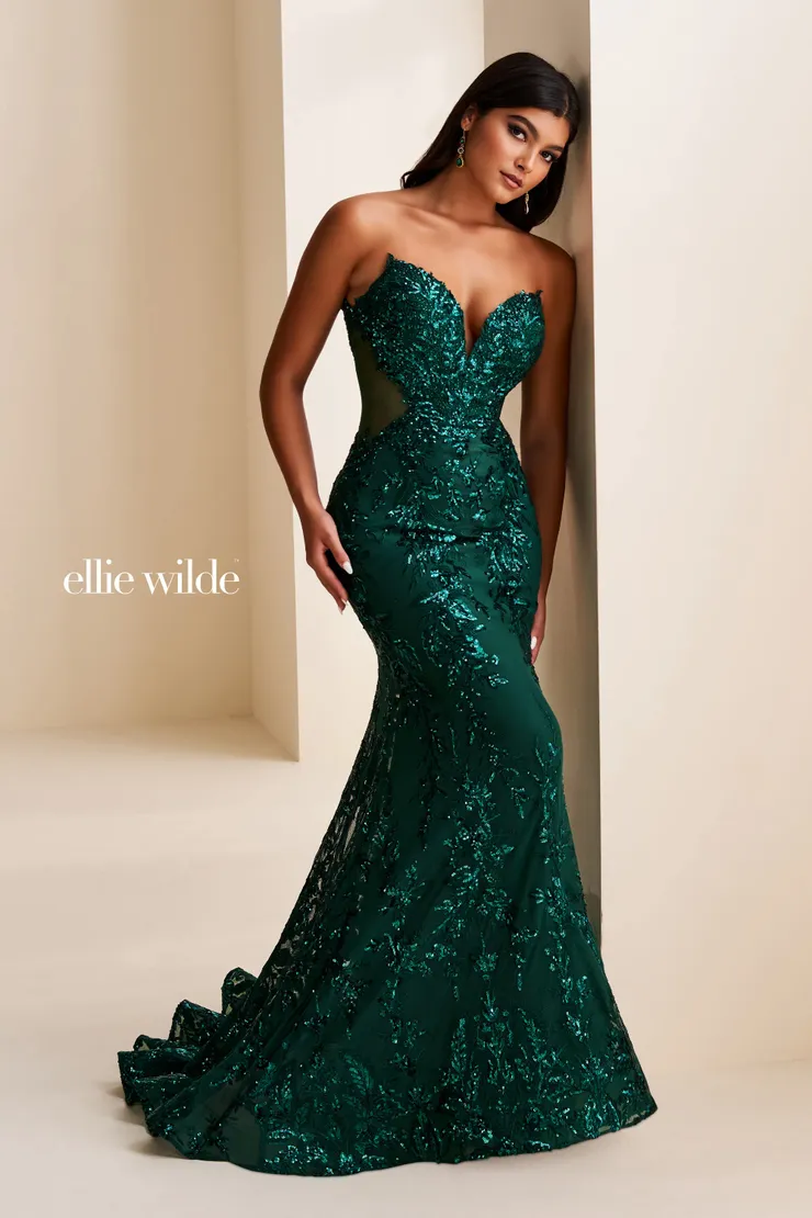 EW37042 Strapless Mermaid Dress w/ Pointed Sweetheart Neckline #4 Emerald frontface vertical picture