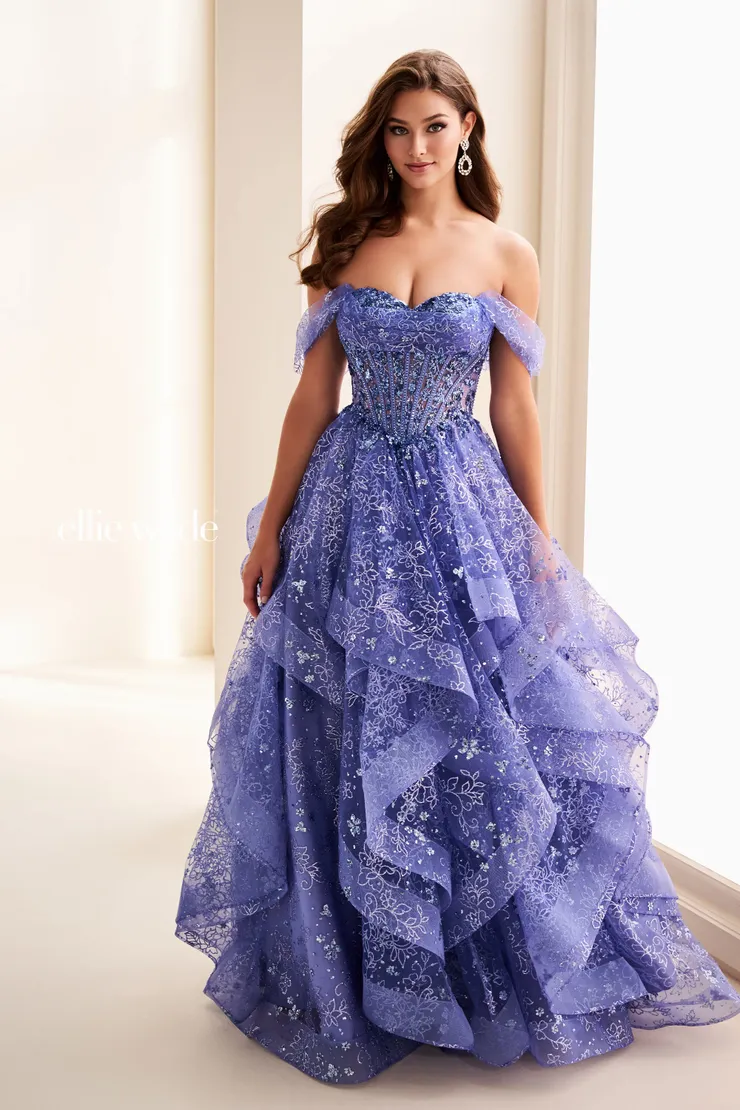 EW37043 Beautiful Ball Gown w/ Cascading Ruffles & Corset #3 Dusk frontface vertical picture