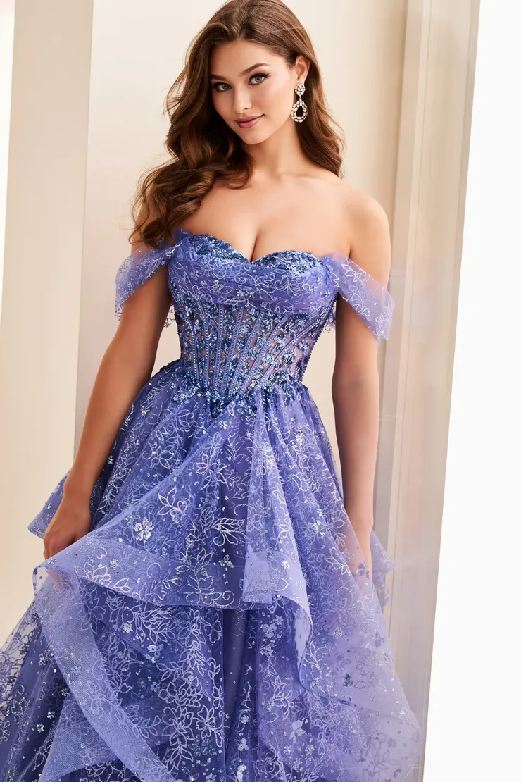 EW37043 Beautiful Ball Gown w/ Cascading Ruffles & Corset #4 Dusk frontface vertical cropped picture