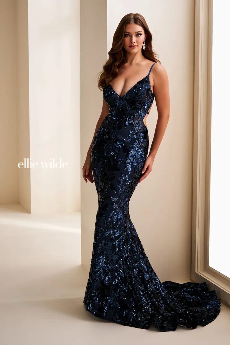 EW37049 Cutout Mermaid Prom Dress w/ Lace-Up Back #3 Navy Blue frontface vertical picture