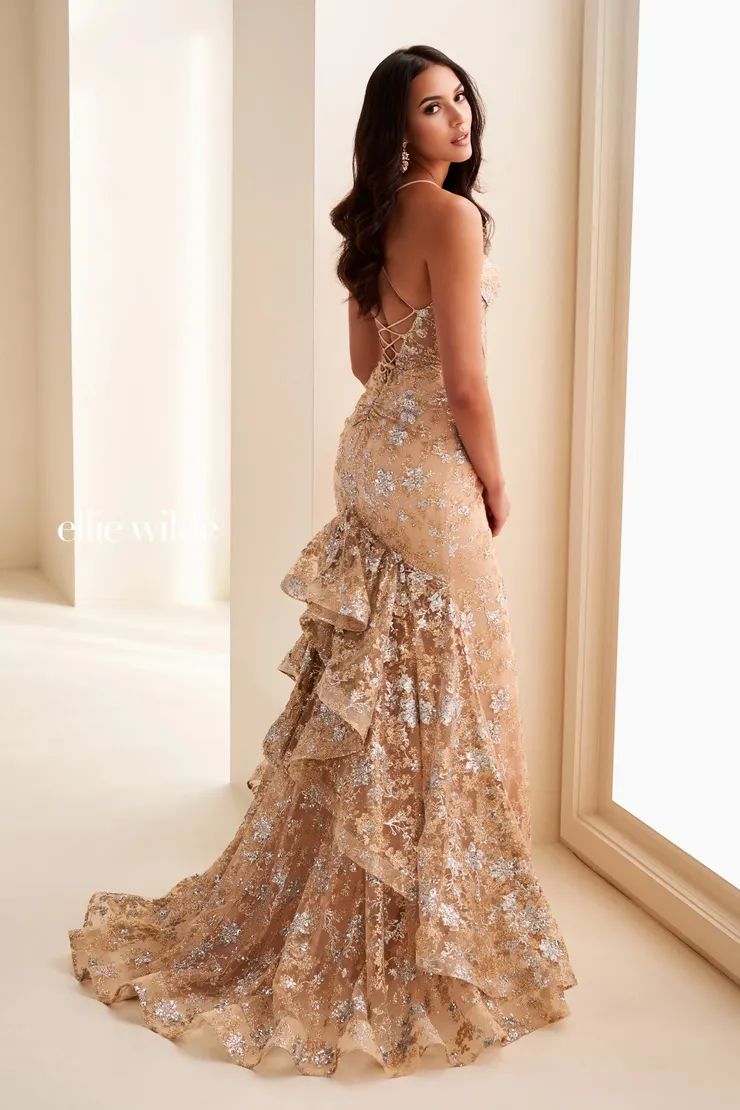 EW37051 Sleeveless Mermaid Gown w/ Semi-Sheer Bodice & Sparkling Accents #2 default Gold backface vertical picture