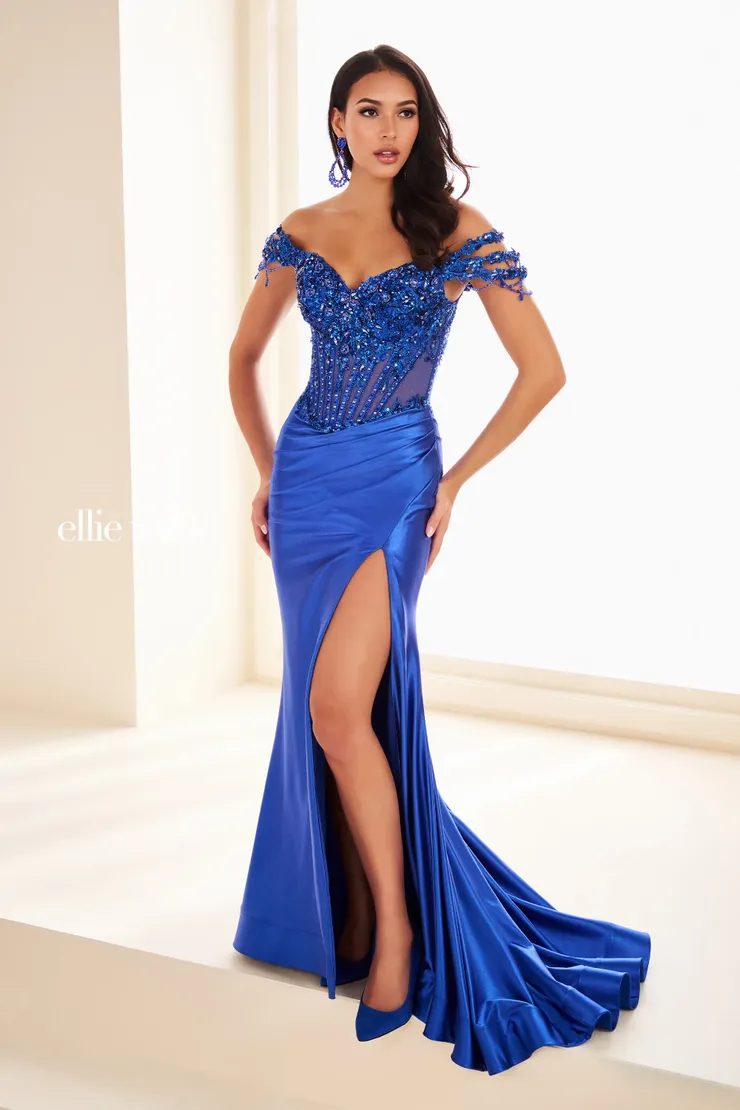EW37056 Off-the-Shoulder Mermaid Gown w/ Corset Bodice #4 Royal Blue frontface vertical picture