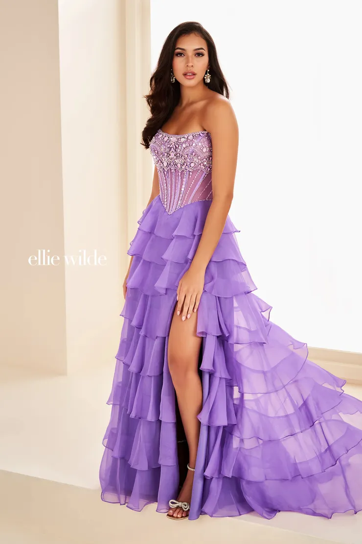 EW37057 Curved Neckline A-Line Dress w/ Lace-Up Back & Slit #5 Lavender frontface vertical picture