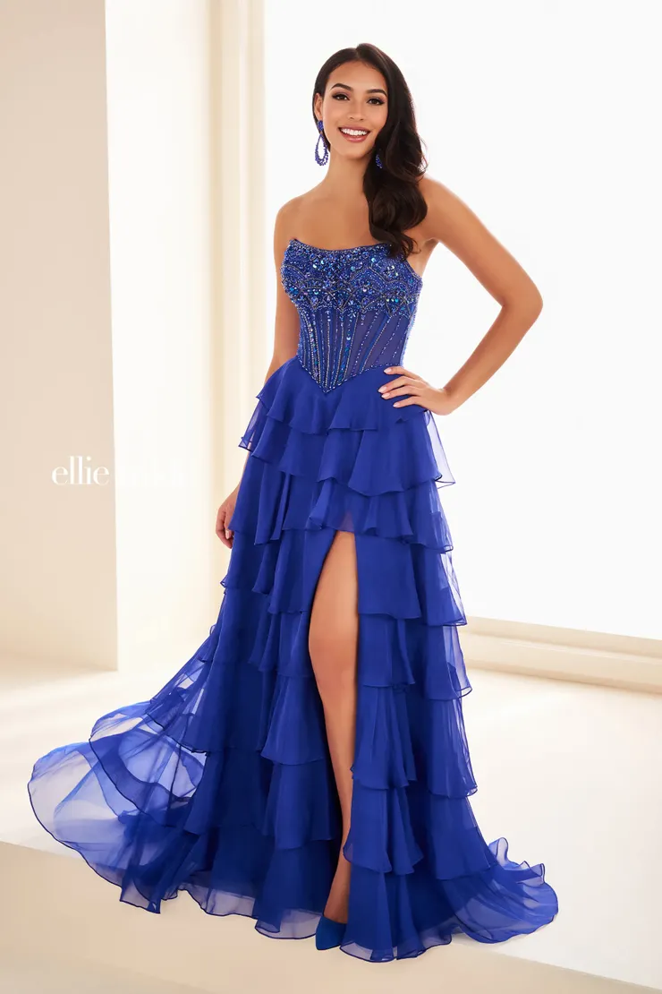 EW37057 Curved Neckline A-Line Dress w/ Lace-Up Back & Slit #4 Royal Blue frontface vertical picture