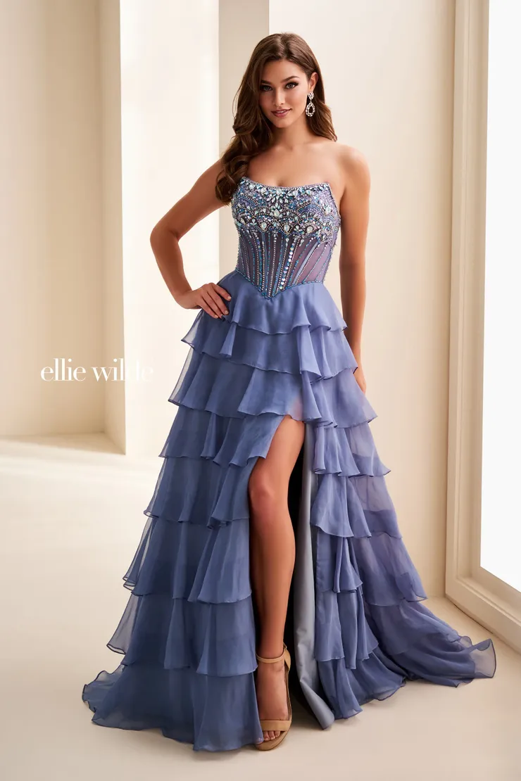 EW37057 Curved Neckline A-Line Dress w/ Lace-Up Back & Slit #0 default Slate frontface vertical picture