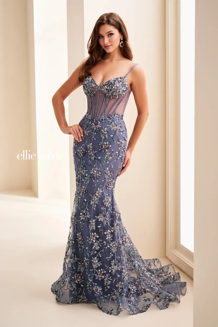 EW37058 Mermaid Dress w/ Sweetheart Neckline & Lace-Up Back #0 default Slate/Multi frontface vertical picture