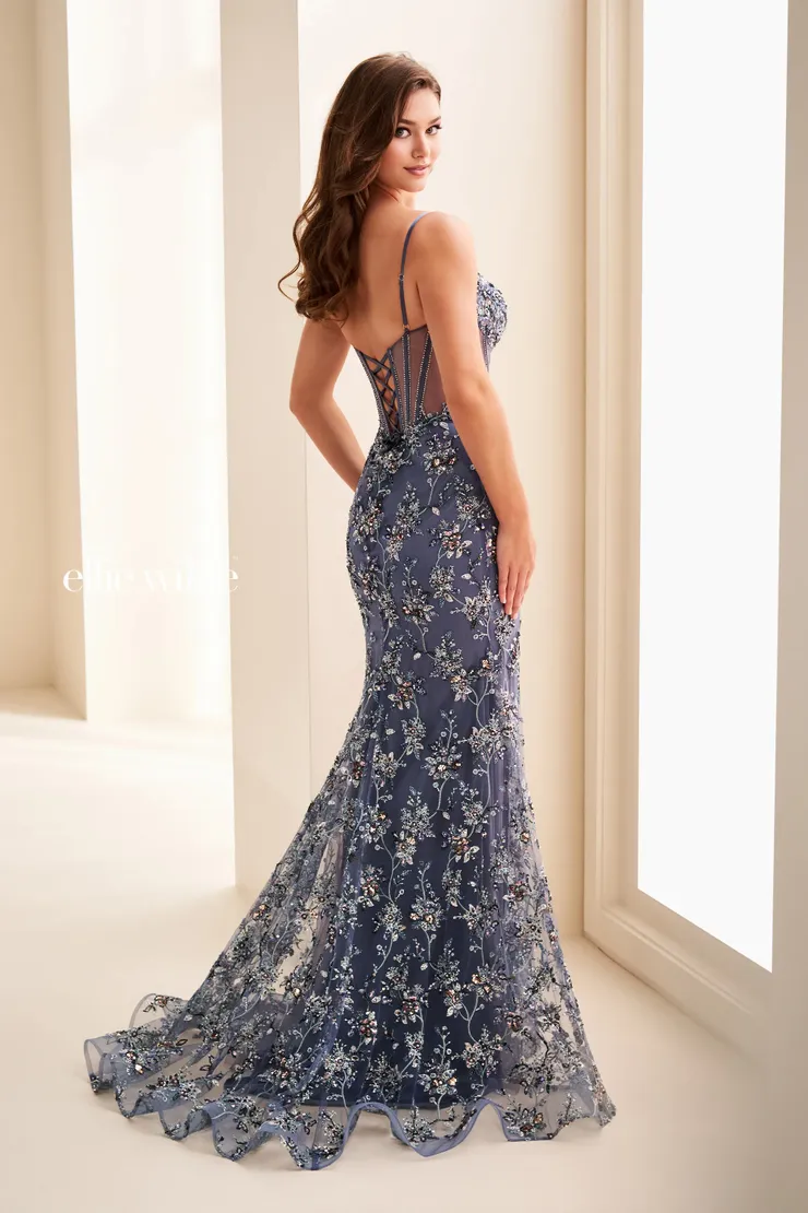 EW37058 Mermaid Dress w/ Sweetheart Neckline & Lace-Up Back #2 default Slate/Multi backface vertical picture