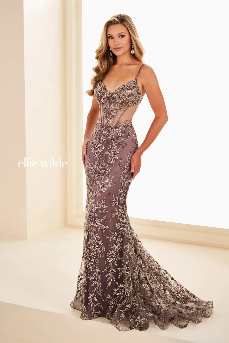 EW37060 V-Neckline Mermaid Dress w/ Semi-Sheer Corset Bodice #0 default Dove frontface vertical picture