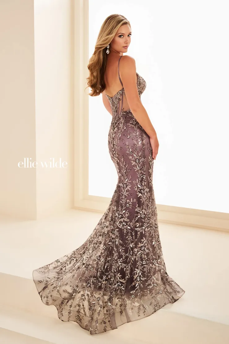 EW37060 V-Neckline Mermaid Dress w/ Semi-Sheer Corset Bodice #2 default Dove backface vertical picture