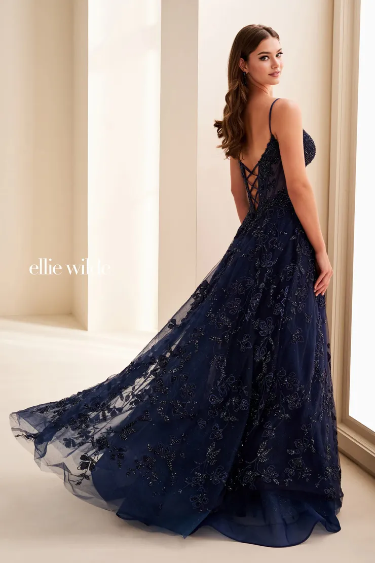 EW37067 Glitter Tulle A-Line Prom Gown w/ Semi-Sheer Corset #2 default Navy Blue backface vertical picture
