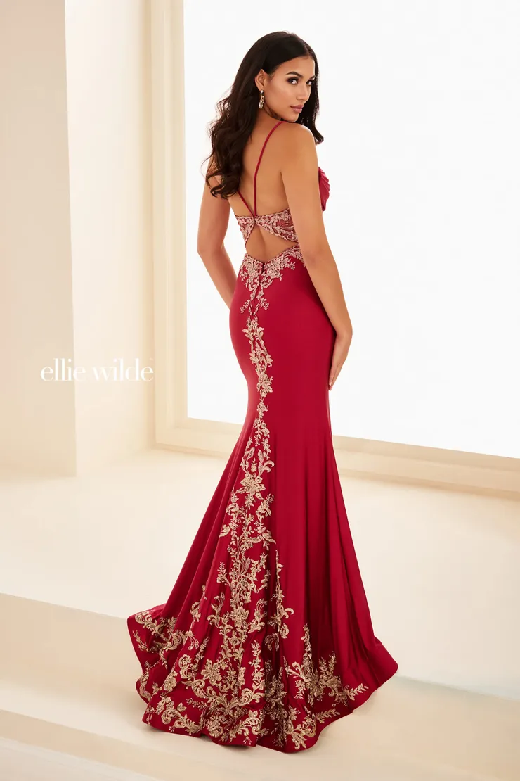 EW37068 Beautiful Mermaid Prom Dress w/ Corset & Slit #2 default Wine/Rose Gold backface vertical picture