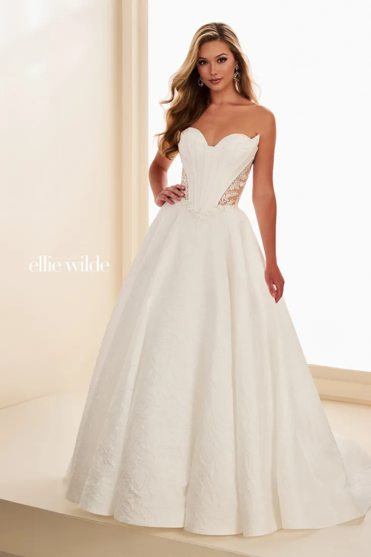EW37080 Strapless Ball Gown with Lace Appliqué & Corset Bodice #3 Diamond White frontface vertical picture