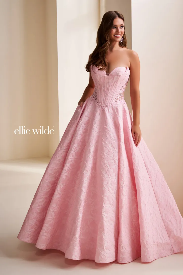 EW37080 Strapless Ball Gown with Lace Appliqué & Corset Bodice #0 default Light Pink frontface vertical picture