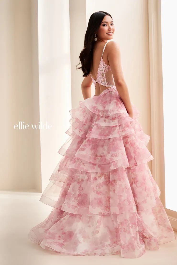 EW37093 Floral Ball Gown w/ 7-Layered Skirt #2 default Light Pink/Multi backface vertical picture