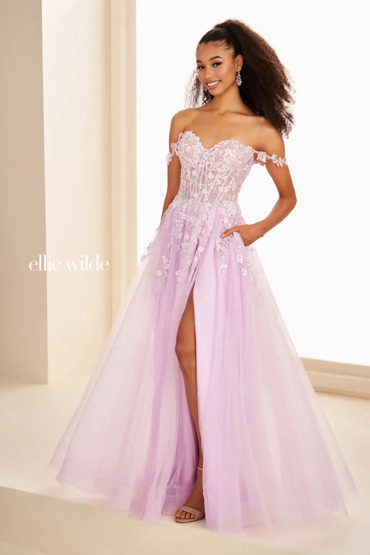 EW37094 Glittery Off-the-Shoulder A-Line Dress w/ Pockets #0 default Lilac frontface vertical picture