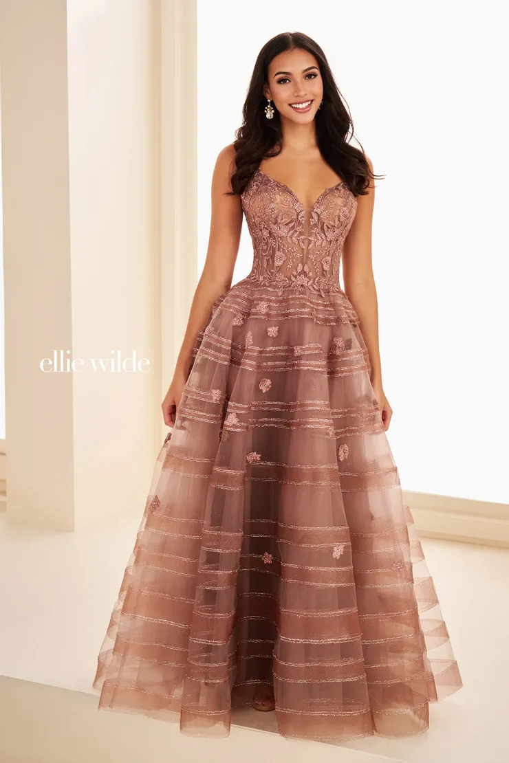 EW37097 Prom Ball Gown w/ Semi-Sheer Corset & Floral Details #5 Espresso frontface vertical picture
