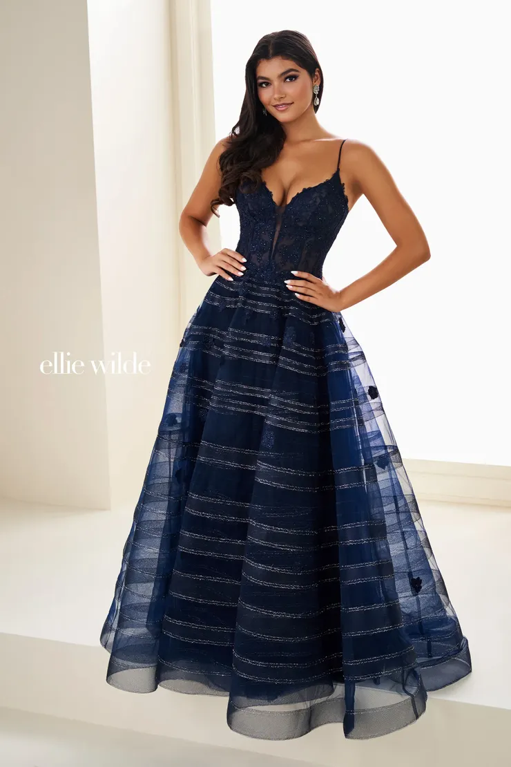 EW37097 Prom Ball Gown w/ Semi-Sheer Corset & Floral Details #4 Midnight Blue frontface vertical picture