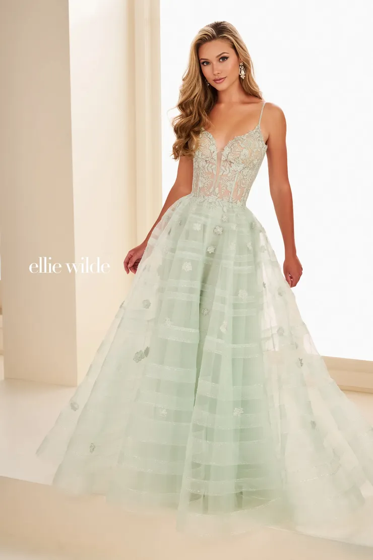 EW37097 Prom Ball Gown w/ Semi-Sheer Corset & Floral Details #0 default Sage frontface vertical picture