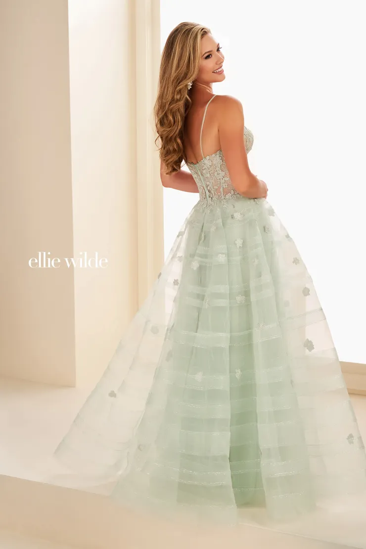 EW37097 Prom Ball Gown w/ Semi-Sheer Corset & Floral Details #2 default Sage backface vertical picture