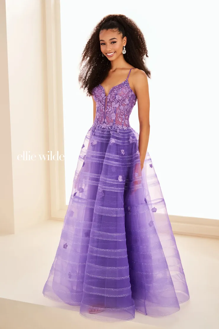 EW37097 Prom Ball Gown w/ Semi-Sheer Corset & Floral Details #3 Violet frontface vertical picture