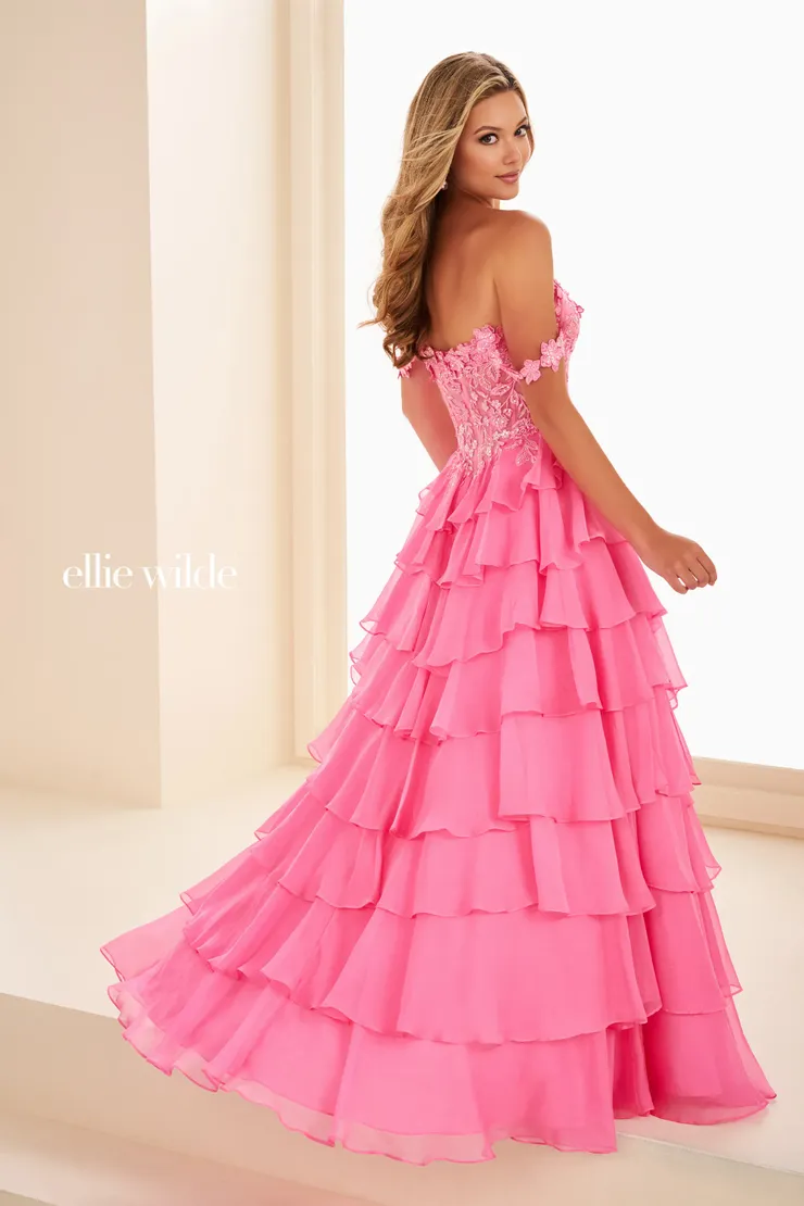 EW37108 A-Line Dress w/ Sparkling Lace Bodice & Chiffon Skirt #2 default Hot Pink backface vertical picture