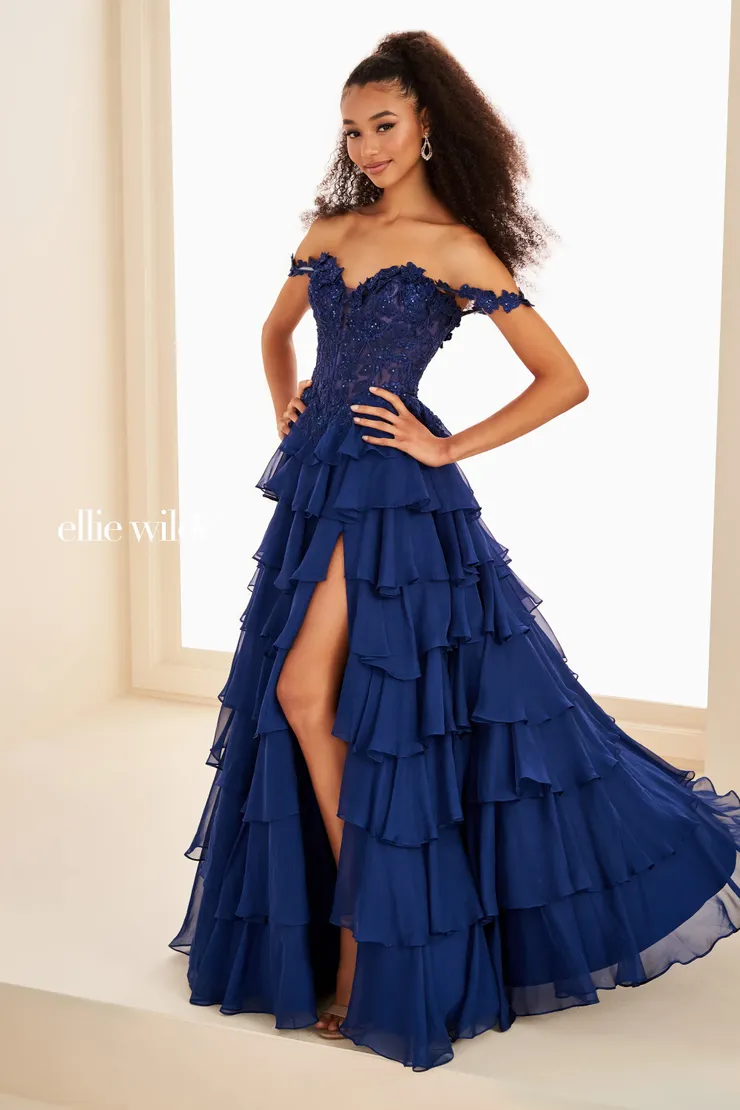 EW37108 A-Line Dress w/ Sparkling Lace Bodice & Chiffon Skirt #3 Navy Blue frontface vertical picture