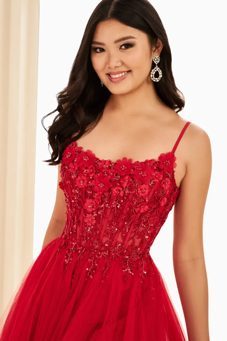 EW37112 Full A-Line Prom Dress w/ Corset & Slit #4 Dark Red frontface vertical cropped picture