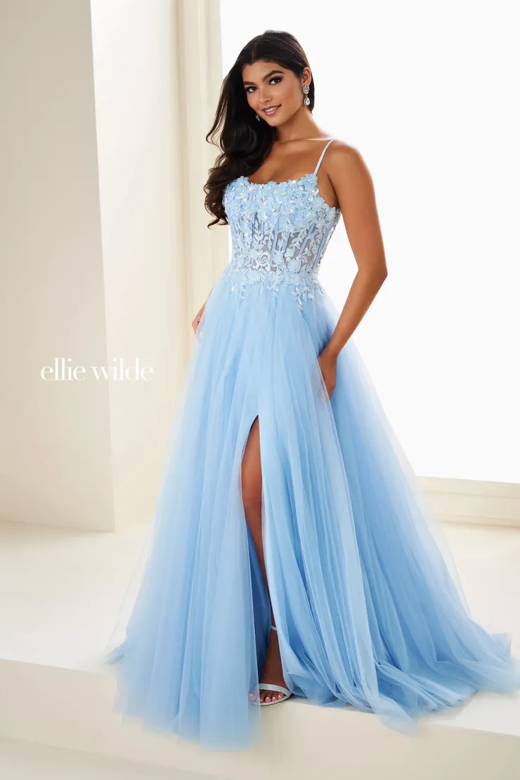 EW37112 Full A-Line Prom Dress w/ Corset & Slit #0 default Light Blue frontface vertical picture