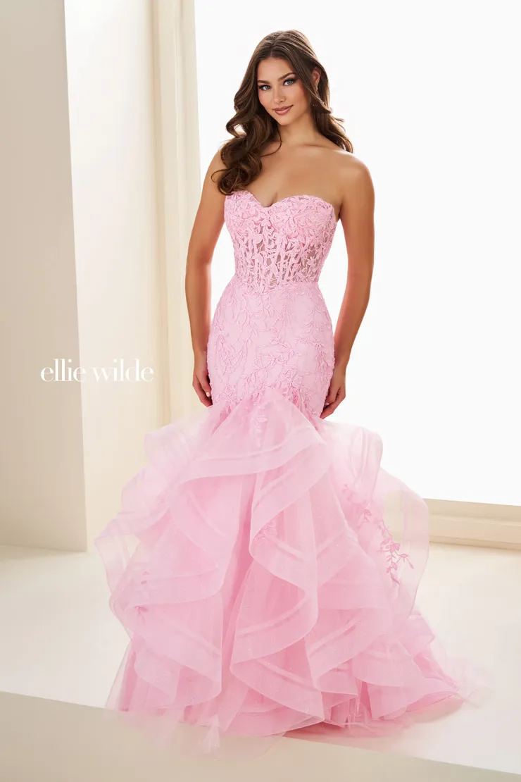 EW37113 Strapless Mermaid Prom Dress w/ Layered Skirt #3 Light Pink frontface vertical picture