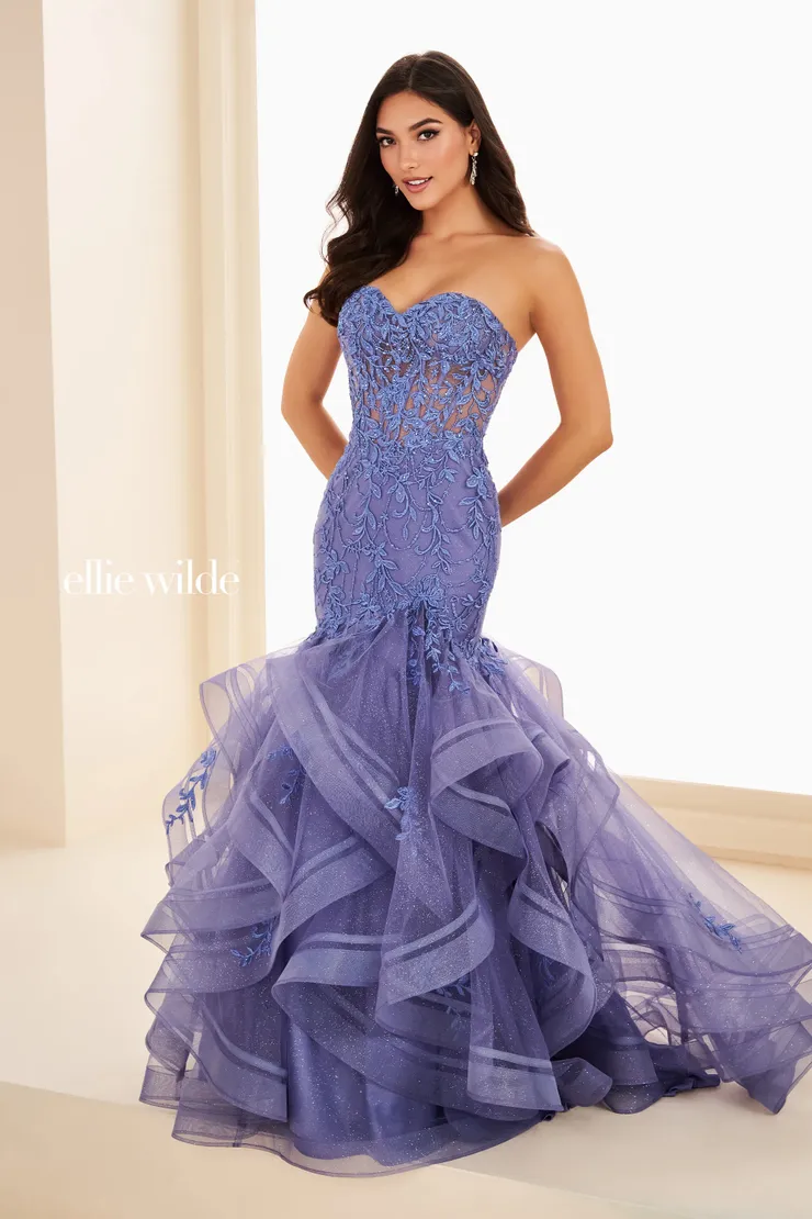 EW37113 Strapless Mermaid Prom Dress w/ Layered Skirt #4 Dusk frontface vertical picture