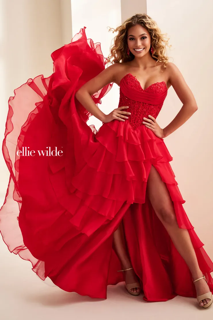 EW37115 Satin A-Line Dress w/ Tiered Neckline & Layered Skirt #0 default Red frontface vertical picture