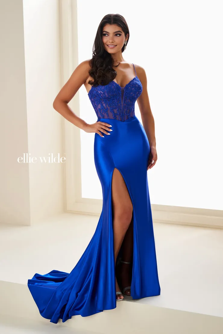 EW37118 Mermaid Prom Dress w/ Plunging Neckline & Slit #3 Royal Blue frontface vertical picture