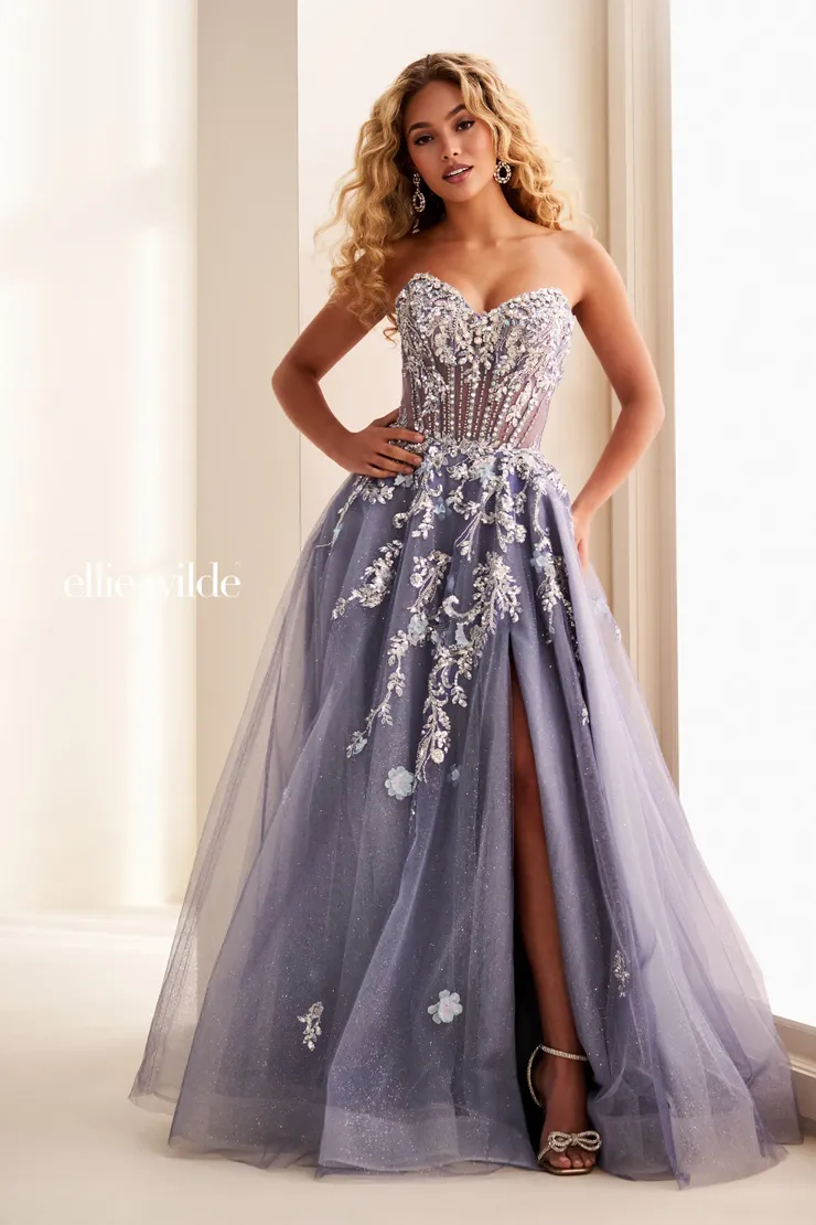 EW37119 Sparkly Strapless Ball Gown Prom Dress w/ Pockets! #0 default Slate frontface vertical picture