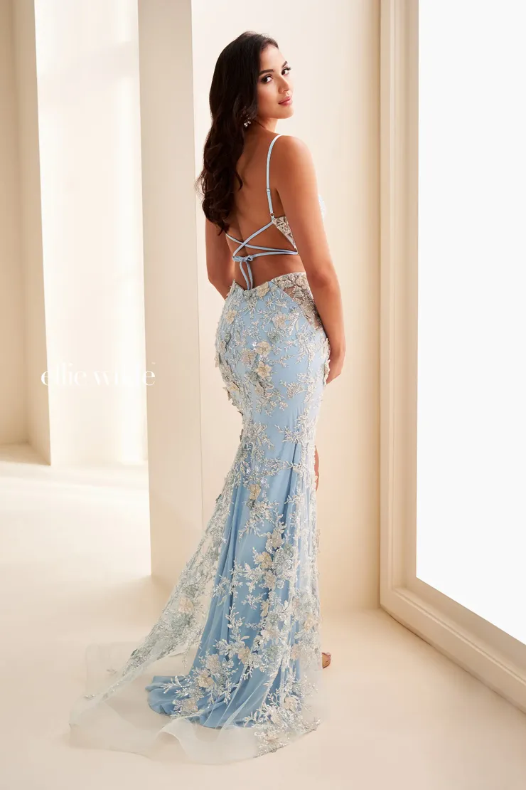 EW37125 Tulle Mermaid Dress w/ V-Neckline & Lace-Up Back #2 default Light Blue backface vertical picture
