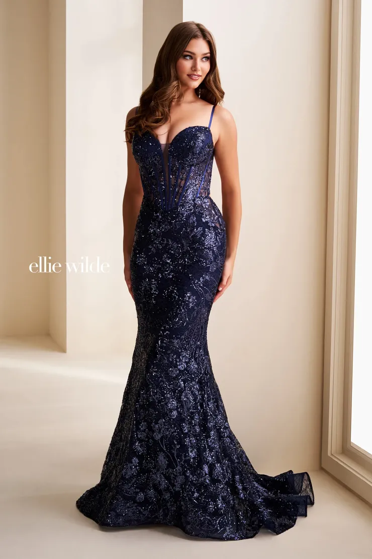 EW37127 Sparkling Mermaid Dress w/ Illusion Lace Plunging Neckline #3 Navy Blue frontface vertical picture