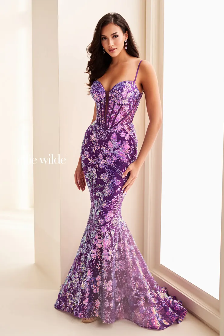 EW37127 Sparkling Mermaid Dress w/ Illusion Lace Plunging Neckline #0 default Purple Rain frontface vertical picture