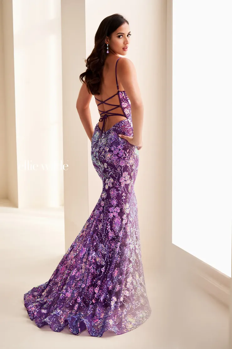 EW37127 Sparkling Mermaid Dress w/ Illusion Lace Plunging Neckline #2 default Purple Rain backface vertical picture