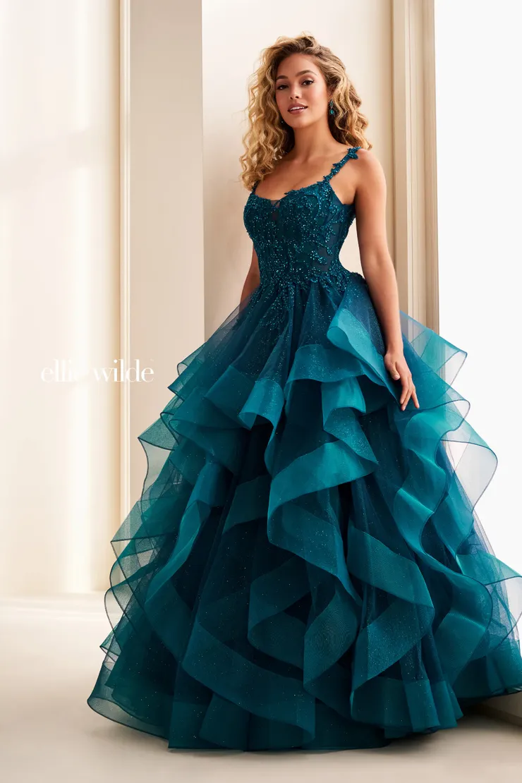 EW37128 Lace Appliqué Ball Gown w/ Cascade Ruffle Skirt #0 default Teal frontface vertical picture