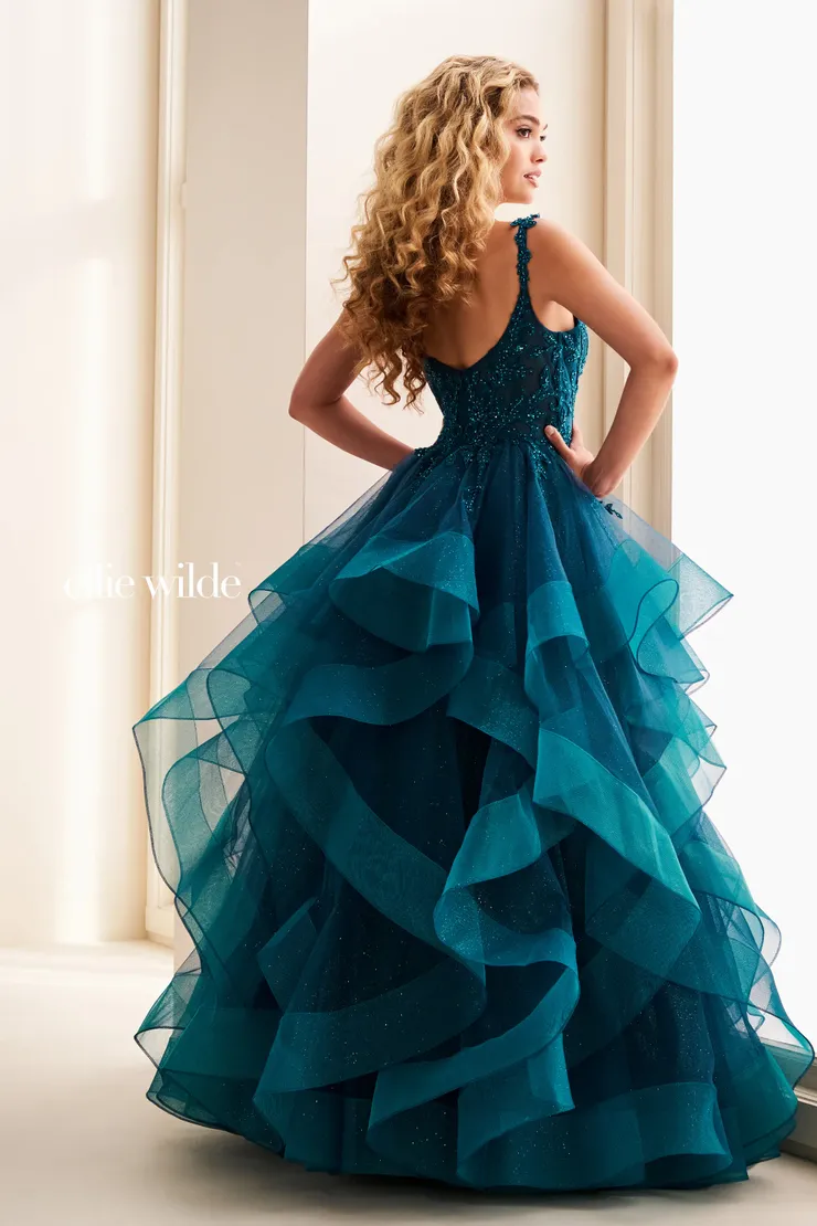 EW37128 Lace Appliqué Ball Gown w/ Cascade Ruffle Skirt #2 default Teal backface vertical picture