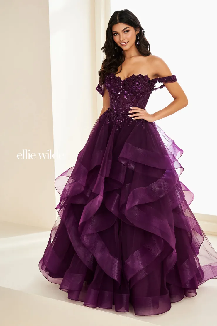 EW37201 Two-in-One Mini Dress & Ball Gown w/ Detachable Overskirt #3 Dark Plum frontface vertical picture
