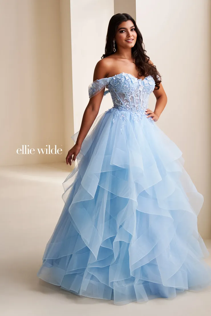 EW37201 Two-in-One Mini Dress & Ball Gown w/ Detachable Overskirt #7 Light Blue frontface vertical picture