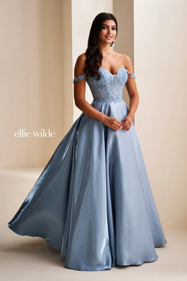 EW37202 Two-in-One A-Line Dress w/ Detachable Overskirt #0 default Dusty Blue frontface vertical picture