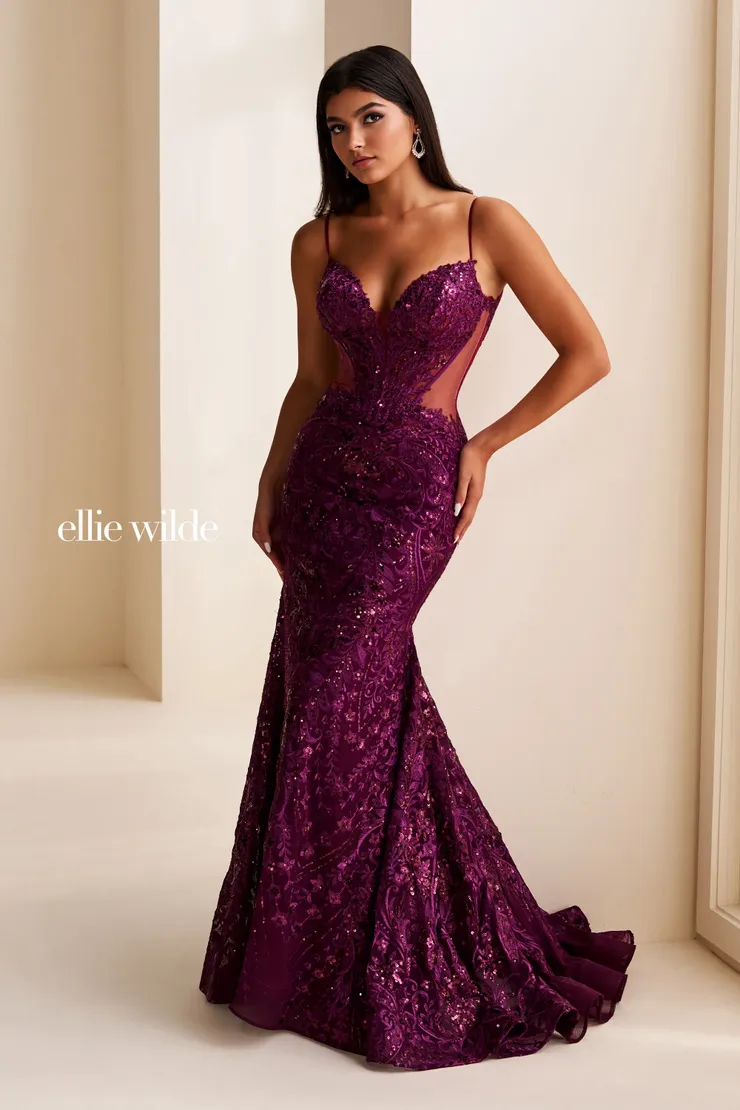 EW37204 Mermaid Dress w/ Sparkling Boned Bodice & Low Back #5 Plum frontface vertical picture