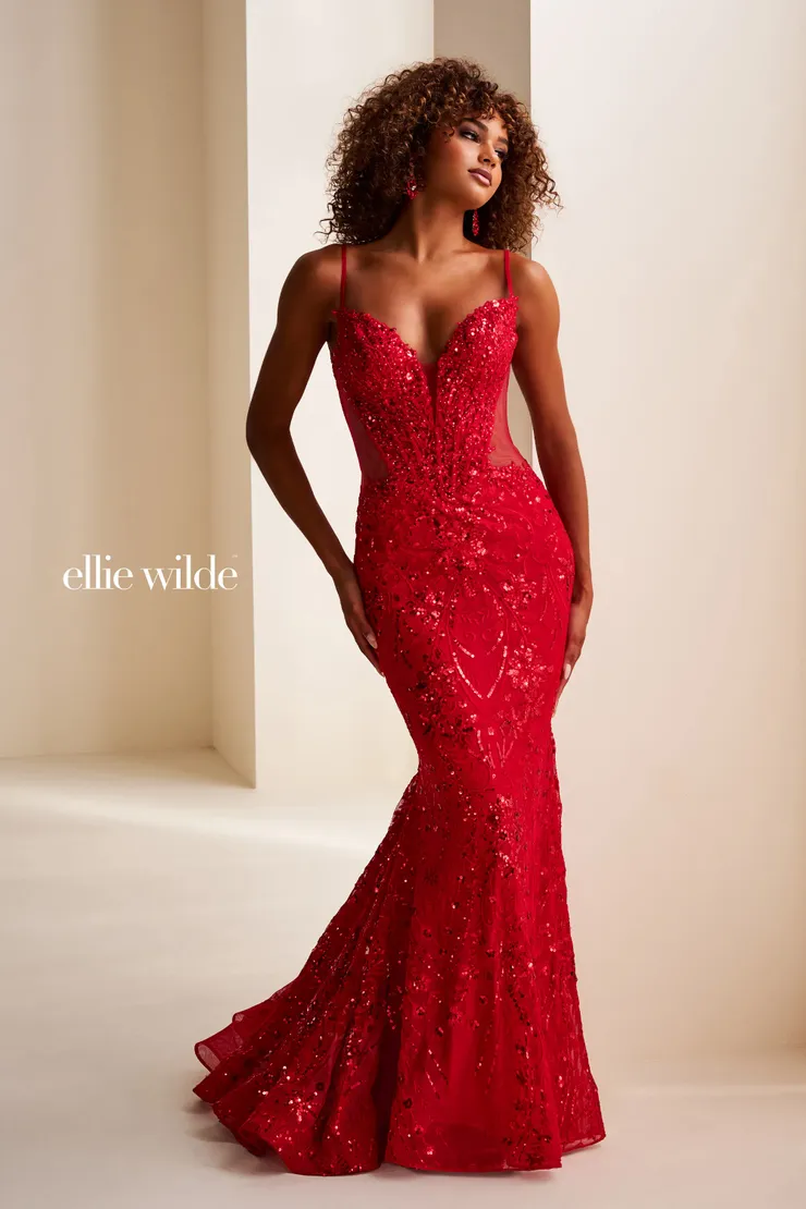 EW37204 Mermaid Dress w/ Sparkling Boned Bodice & Low Back #4 Red frontface vertical picture