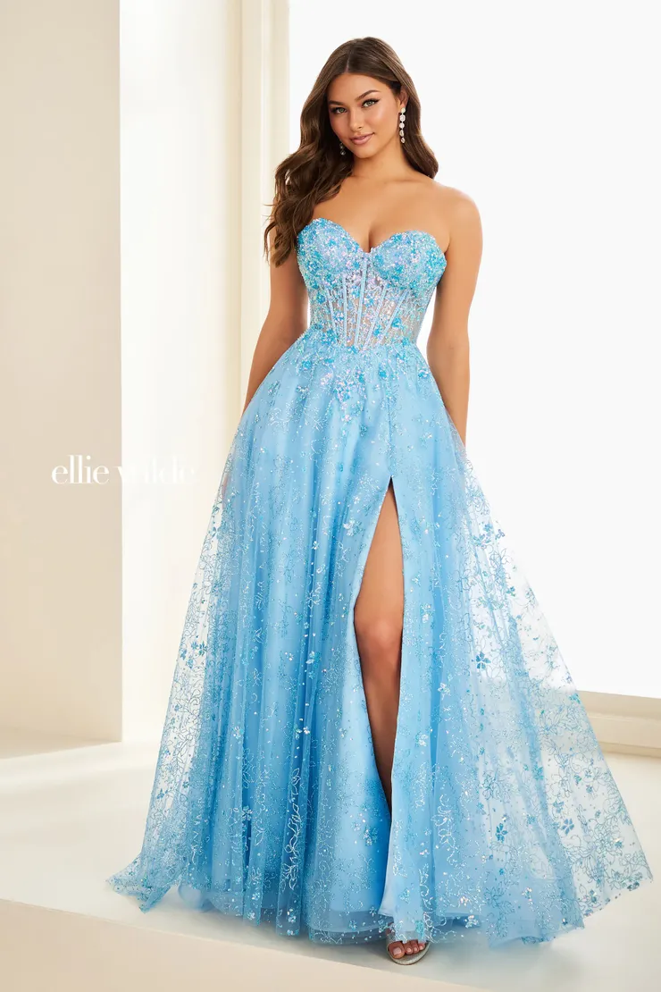 EW37205 Strapless A-Line Prom Dress w/ Dramatic Slit #0 default Sky Blue frontface vertical picture