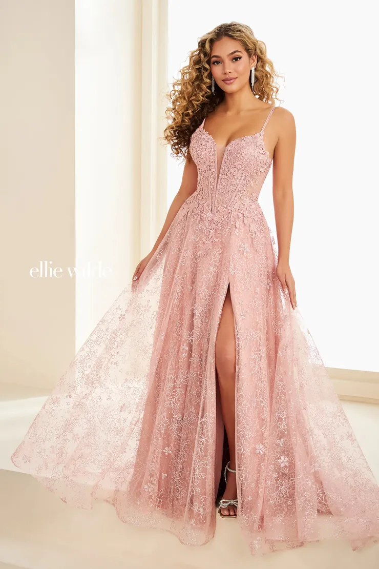 EW37206 A-Line Prom Dress w/ Stretch Lace & Thigh-High Slit #0 default English Rose frontface vertical picture