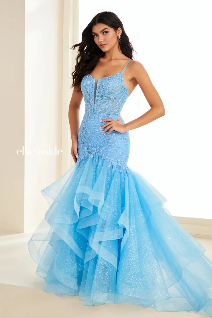 EW37207 Trumpet Prom Dress w/ Tiered Ruffles & Low Back #3 Bluebell frontface vertical picture